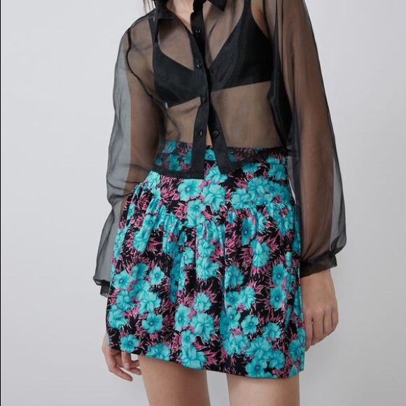 ZARA‎ High-Waist Floral Printed Skater Bubble Mini Skirt - Picture 1 of 3